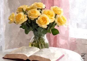 Vaso di Rose Gialle con Libro